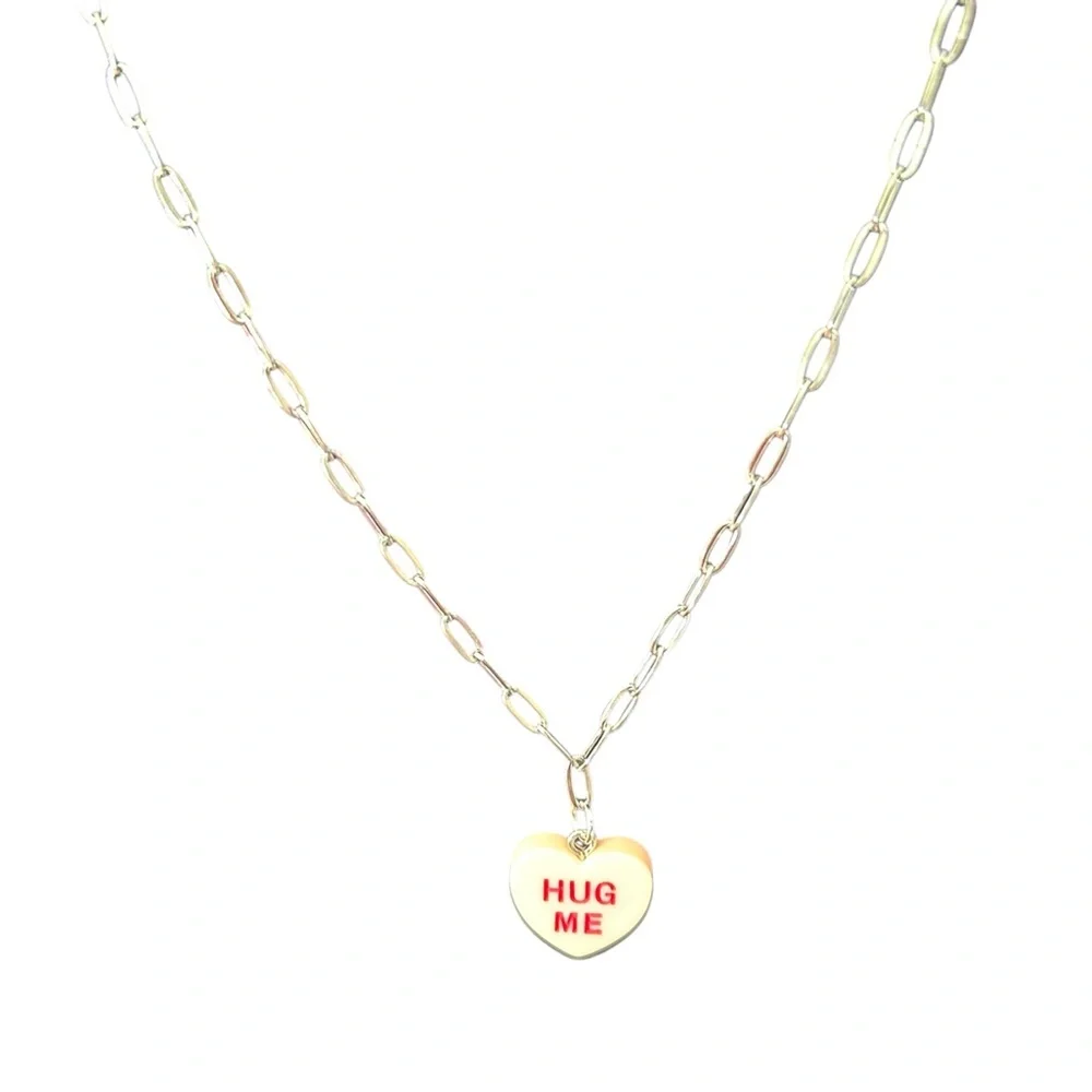 Conversation Hearts Hug Me Charm Necklace Dainty Minimal Silver Chain Valentine